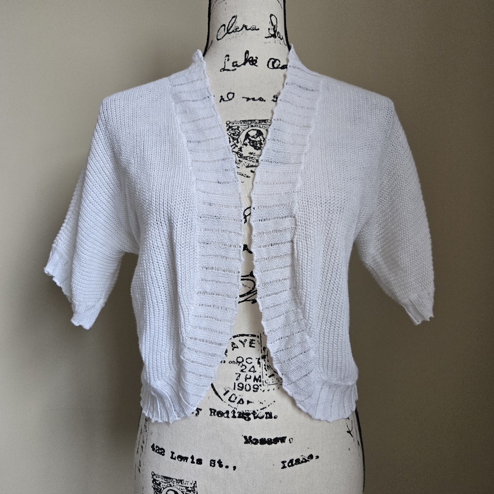 Lauren Ralph Lauren Crop Cardigan Womens S/M Open Front Linen Blend White